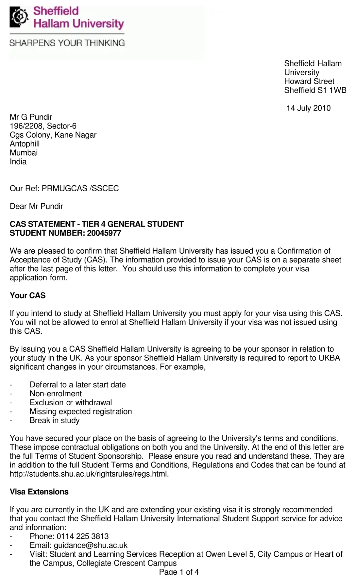CAS letter UK sample