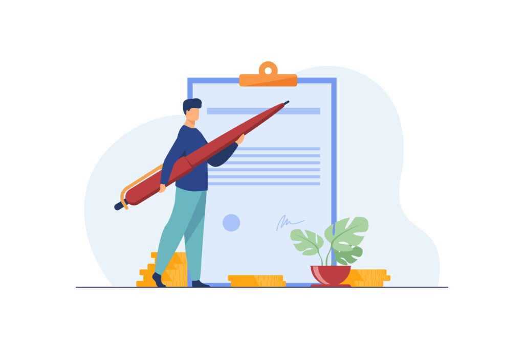 Man signing contract with big pen