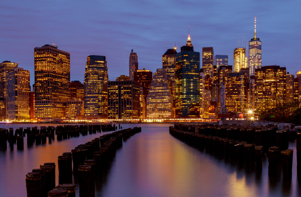Waterfront skyline of New York City at night