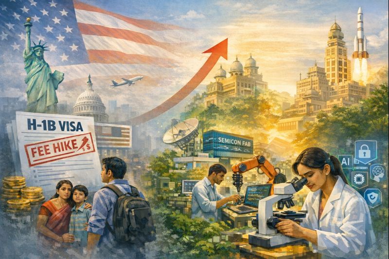 Indian professionals discussing the impact of rising H1B visa costs on global mobility and innovation in India