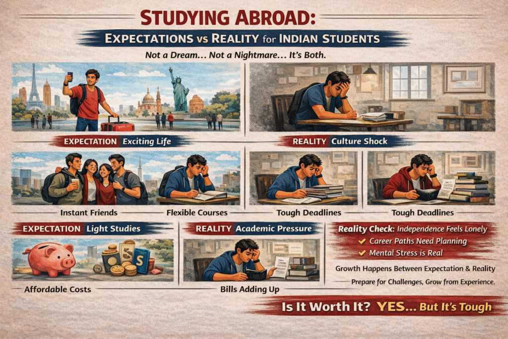 Studying abroad expectations vs reality explained. Learn the real challenges, myths vs facts, culture shock, costs, academics, and what students don’t tell you.