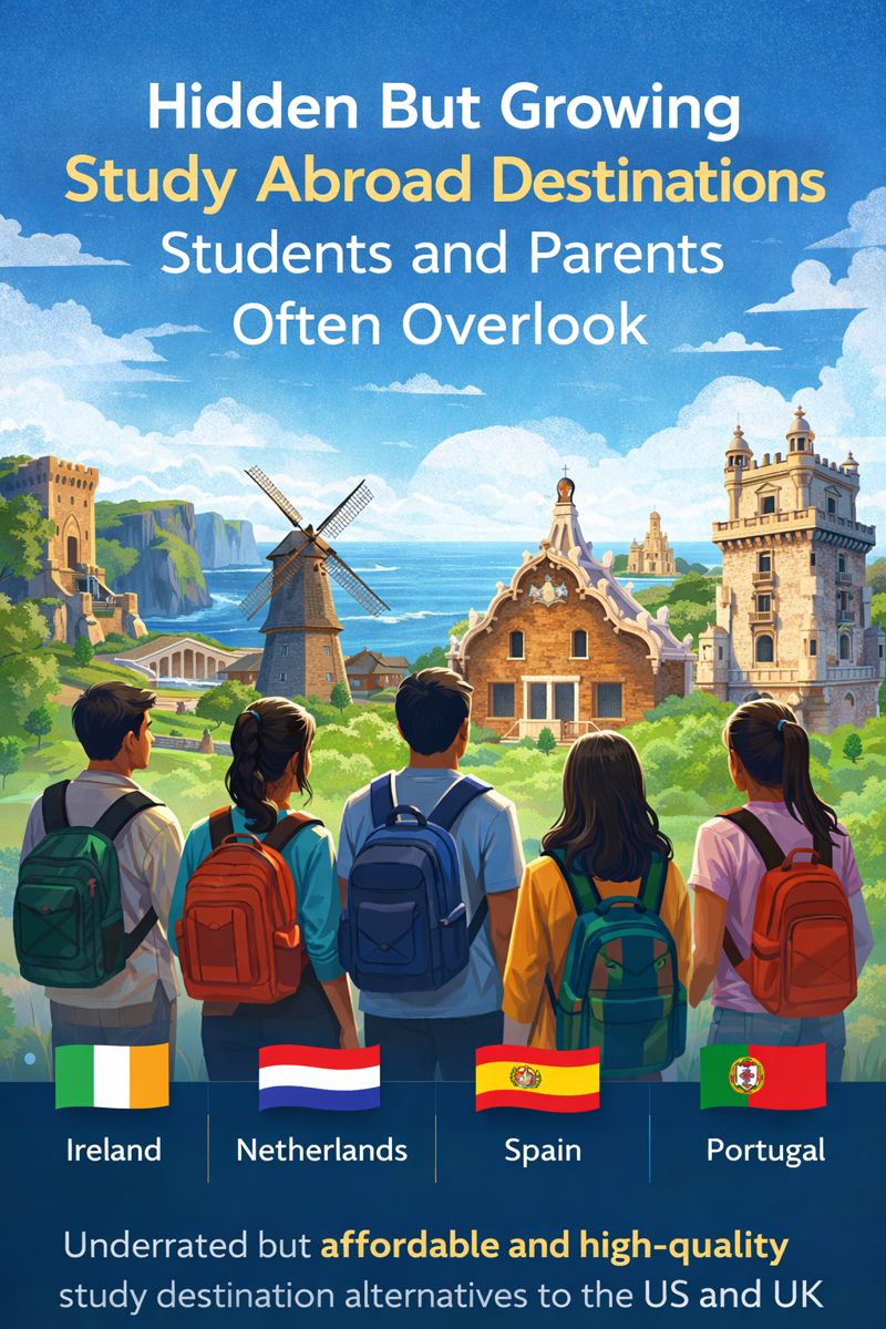 Discover underrated study abroad destinations like Ireland, Netherlands, Spain, and Portugal. Affordable, growing countries Indian students often overlook.