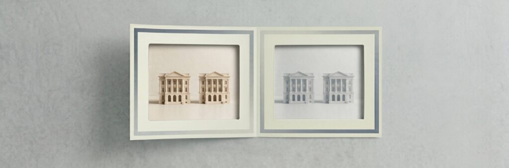 A minimal editorial cover image showing two university buildings with similar classical architecture placed side by side in a clean open space, both appearing almost identical in structure and scale, but one building is subtly more refined with sharper details and better lighting while the other looks slightly muted, soft natural daylight, neutral tones (white, beige, light grey), no people, no text, no clutter, ultra-realistic photography style, strong symmetry with a slight visual contrast, wide cinematic composition.