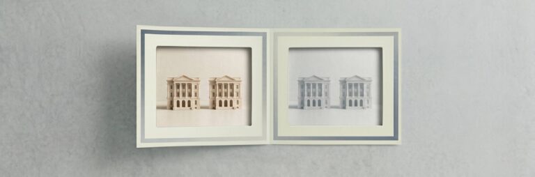 A minimal editorial cover image showing two university buildings with similar classical architecture placed side by side in a clean open space, both appearing almost identical in structure and scale, but one building is subtly more refined with sharper details and better lighting while the other looks slightly muted, soft natural daylight, neutral tones (white, beige, light grey), no people, no text, no clutter, ultra-realistic photography style, strong symmetry with a slight visual contrast, wide cinematic composition.