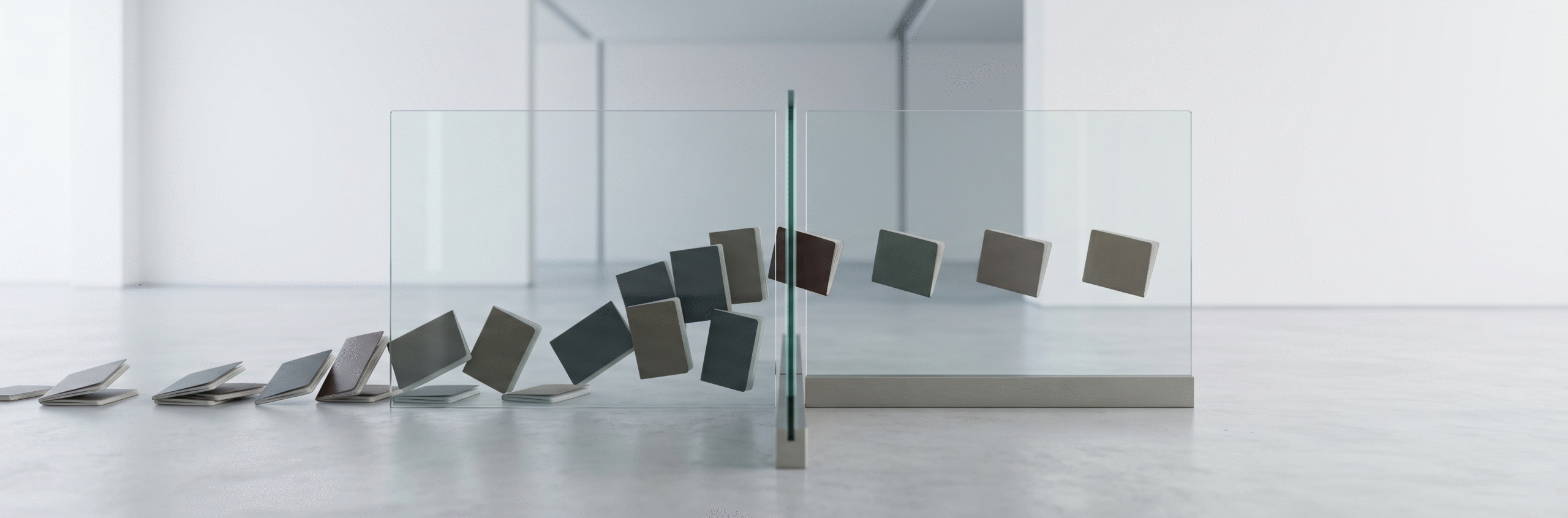 A minimal editorial cover image showing a clean, modern security checkpoint setup with a single transparent glass barrier, where multiple identical documents approach from one side but only a few pass through a narrow opening and continue forward, soft natural lighting, neutral tones (white, grey, muted blue), no text, no flags, no icons, very few elements, ultra-realistic photography style, strong negative space, precise composition, symbolizing selective visa approval and filtering of serious applicants.