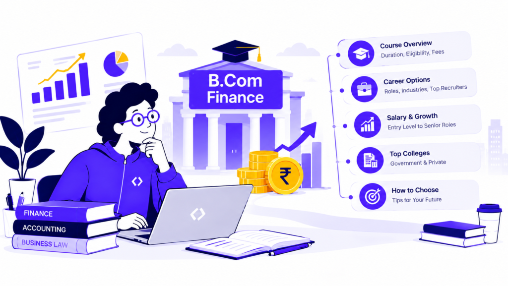 Illustration of a student exploring B.Com Finance in India, featuring course details, top colleges, career options, salary growth, and financial opportunities.