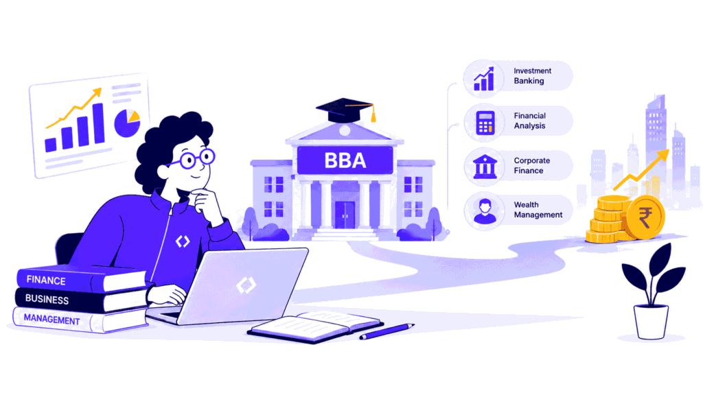 BBA Finance career options infographic showing student, university, and financial growth pathways.