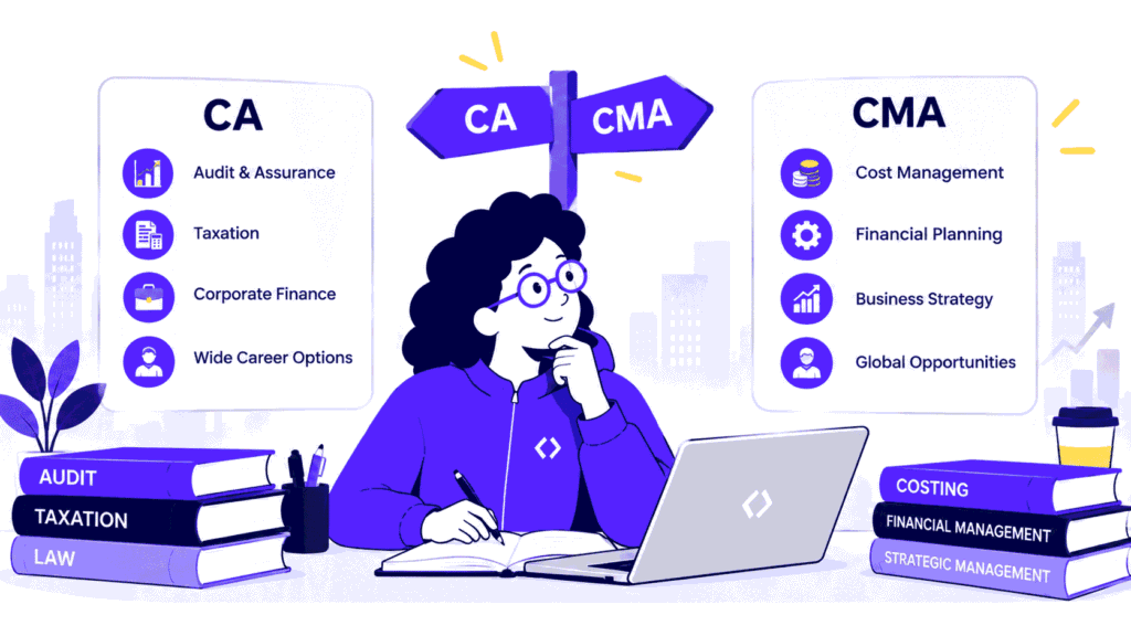 Illustration of a student comparing CA and CMA courses, highlighting career opportunities in auditing, taxation, corporate finance, cost management, financial planning, and business strategy.