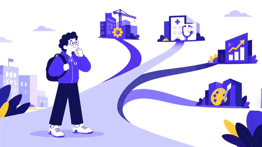 Illustration of a student exploring courses after 12th in India, with branching pathways leading to engineering, healthcare, business, and creative careers, symbolizing different educational options and future opportunities.