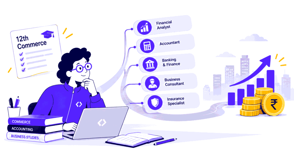 Illustration of a commerce student exploring high-salary career options after 12th in India, with finance and business roles, rising salary charts, and rupee coins symbolizing career growth.