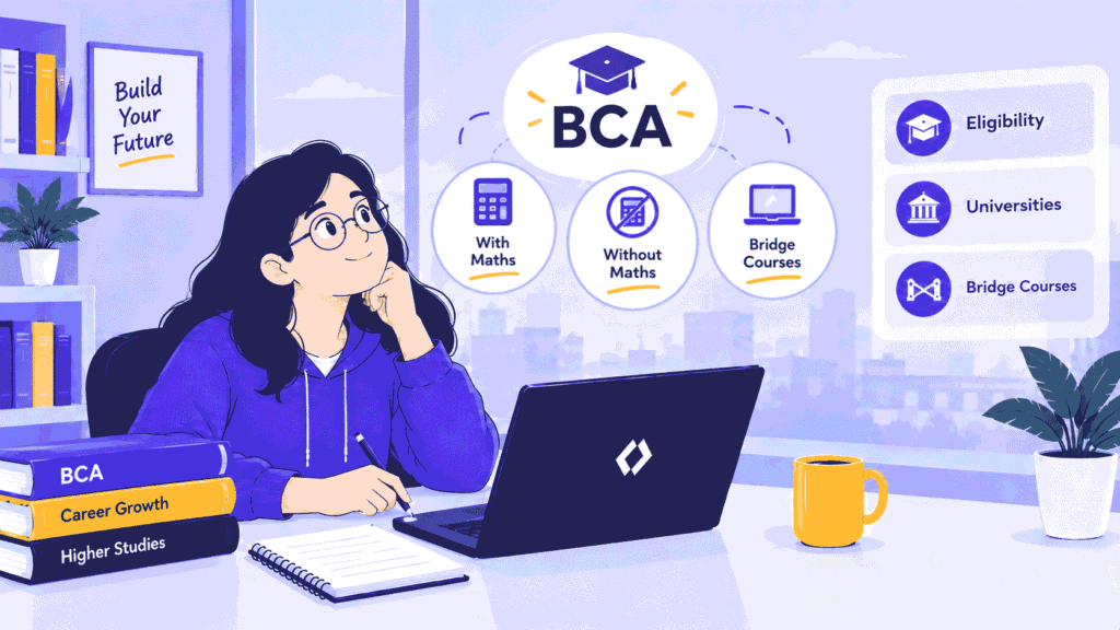 Student comparing BCA courses with and without Maths, exploring university options and career opportunities.