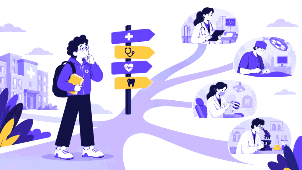 Illustration of a student exploring medical courses after 12th in India, with career pathways leading to medicine, surgery, dentistry, and medical research, highlighting different healthcare education and career options.