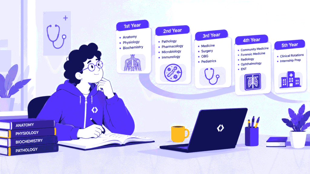 Illustration of a medical student studying the MBBS year-wise syllabus in India, with curriculum stages from first to fifth year, medical textbooks, anatomy diagrams, and clinical training milestones.