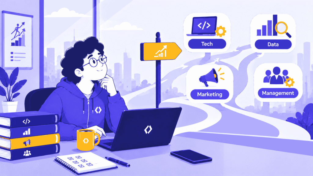 Illustration of a professional exploring career change options in tech, data, marketing, and management through online courses.