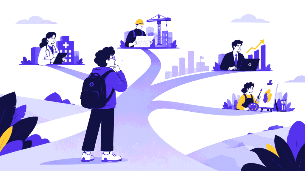 Illustration of a student exploring career options after 12th in India, with branching pathways leading to healthcare, engineering, business, and creative careers, representing different professional opportunities and growth paths.