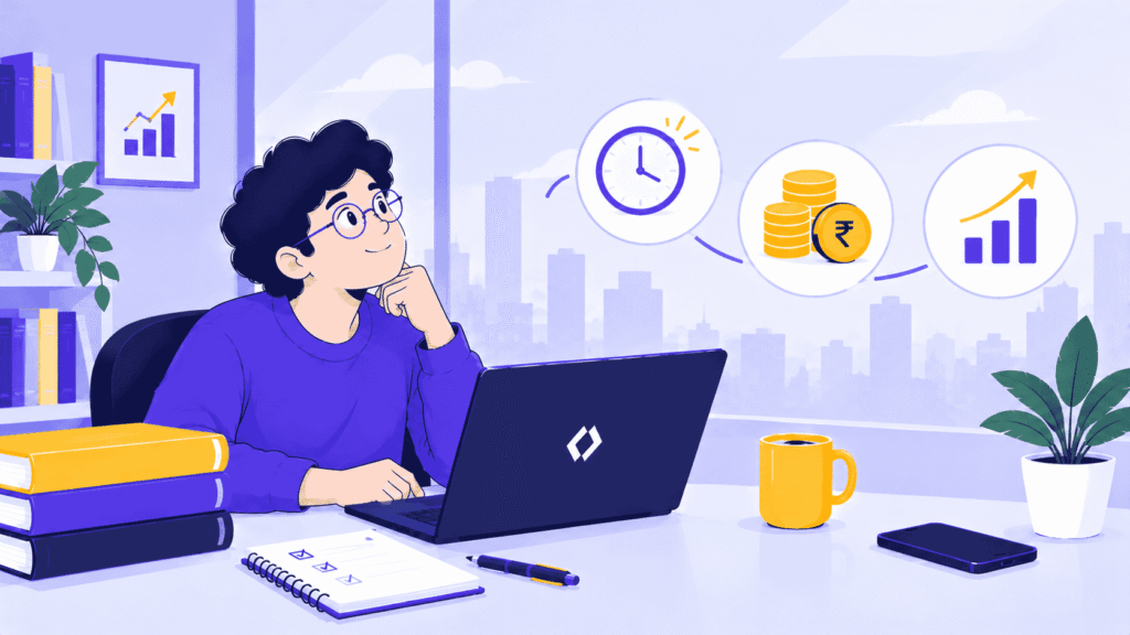 Illustration of a working professional exploring online courses in India, balancing learning time, course costs, and career growth.