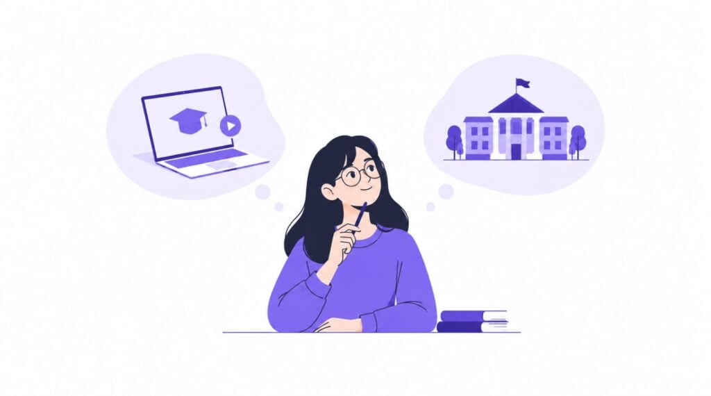 A student considers online BCA versus regular BCA, represented by a laptop with a graduation cap and a traditional university campus in a minimalist purple-and-white illustration.