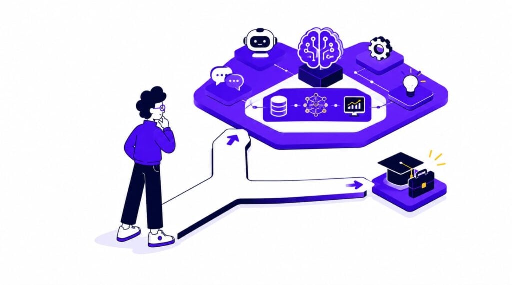 GradRight character explores a branching AI and machine learning pathway, connecting technology concepts with education and career opportunities.