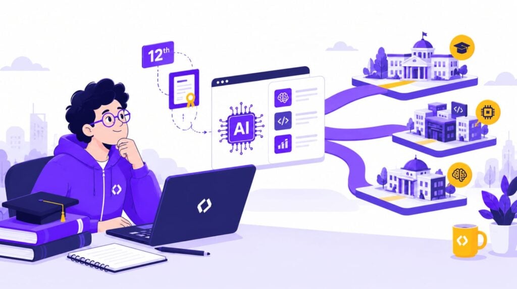 Illustration of a 12th pass student exploring AI career paths on a laptop, showing pathways to university, tech company, and research institution.