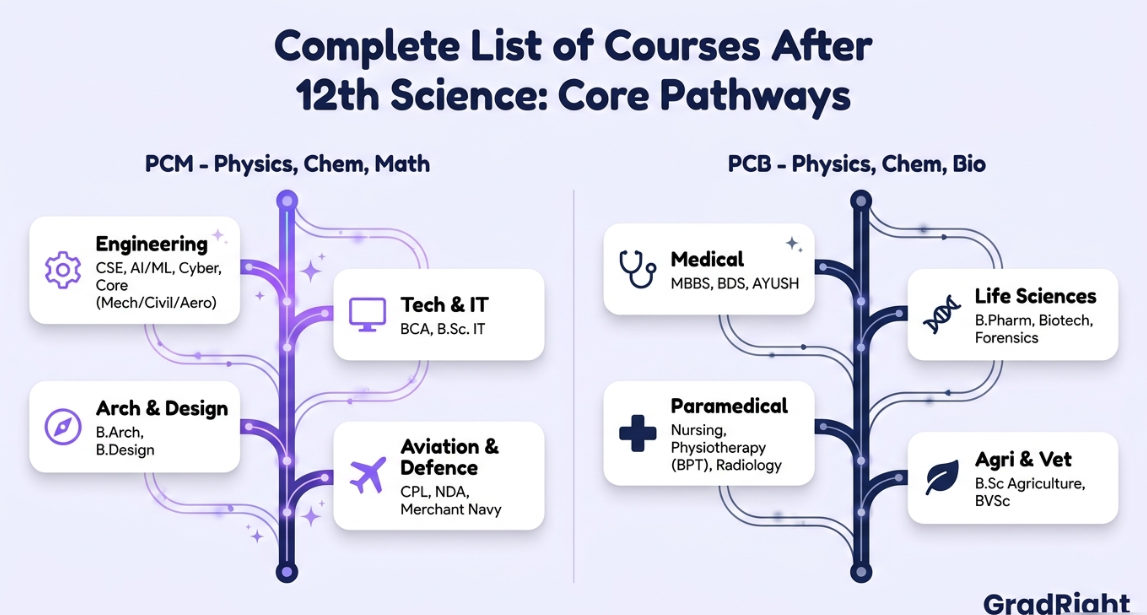 Graphic depicting complete list of courses after 12th science: core pathways.
