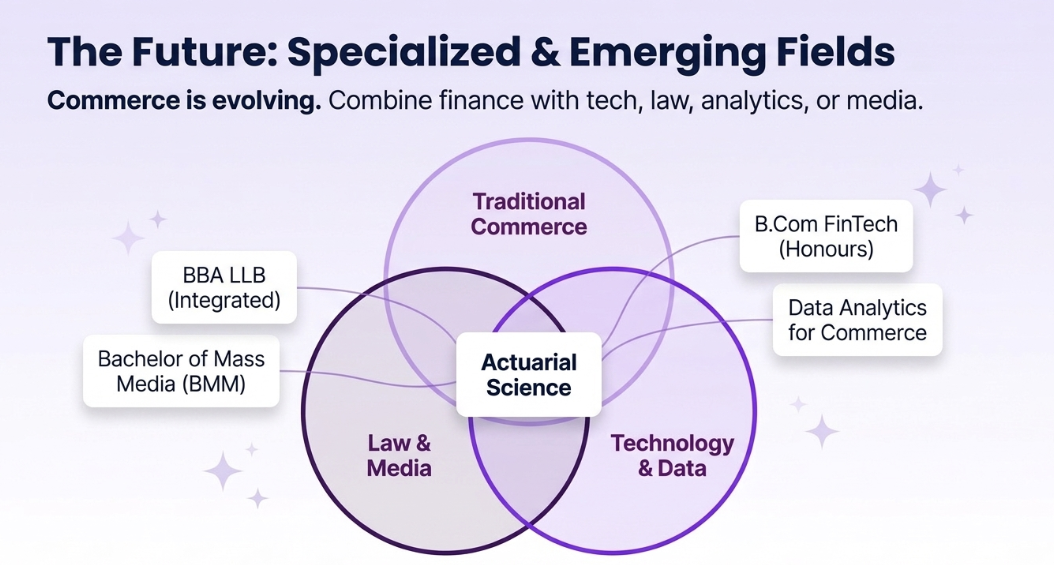 Venn diagram titled The Future: Specialized & Emerging Fields showing intersecting areas of traditional commerce, law and media, and technology and data, with fields like actuarial science at the center.