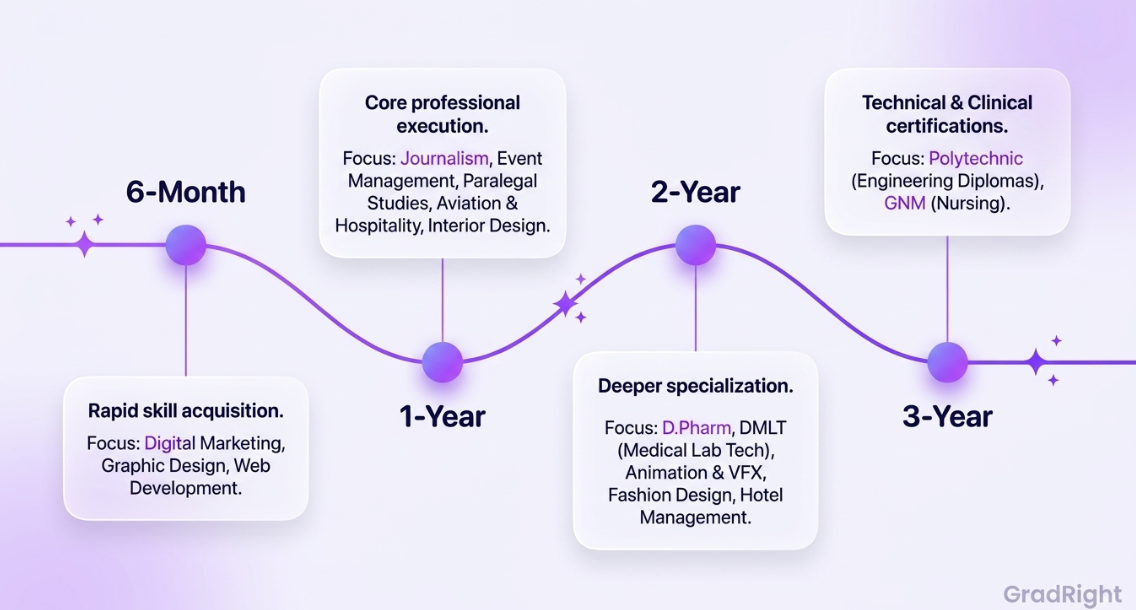 Infographic illustrating diploma course durations—6-Month, 1-Year, 2-Year, and 3-Year—with their respective focus areas and fields of study by GradRight.