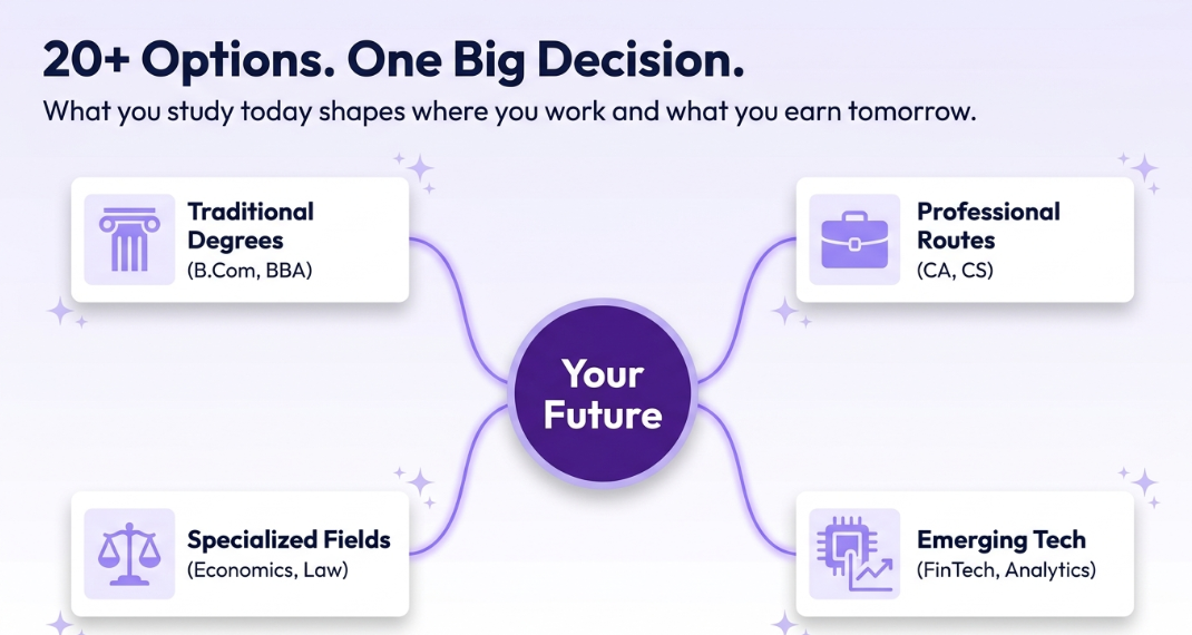 Infographic titled "20+ Options. One Big Decision." showing four paths connected to "Your Future": traditional degrees, professional routes, specialized fields, and emerging tech.
