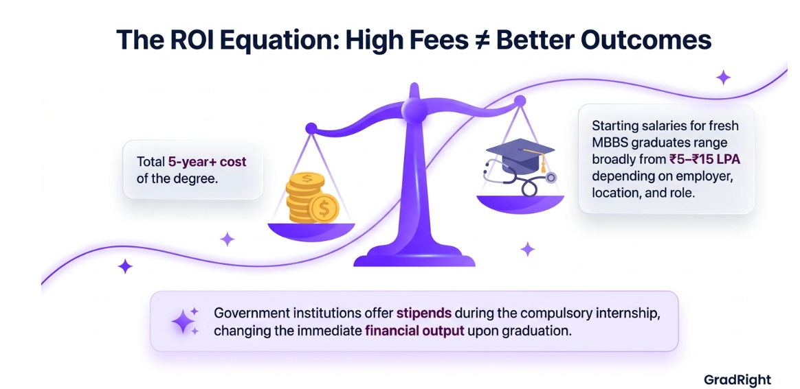 Infographic illustrating medical ROI, showing that higher college fees do not guarantee better outcomes compared to starting MBBS salaries.