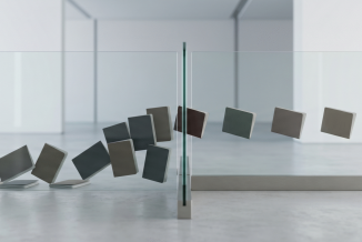 A minimal editorial cover image showing a clean, modern security checkpoint setup with a single transparent glass barrier, where multiple identical documents approach from one side but only a few pass through a narrow opening and continue forward, soft natural lighting, neutral tones (white, grey, muted blue), no text, no flags, no icons, very few elements, ultra-realistic photography style, strong negative space, precise composition, symbolizing selective visa approval and filtering of serious applicants.